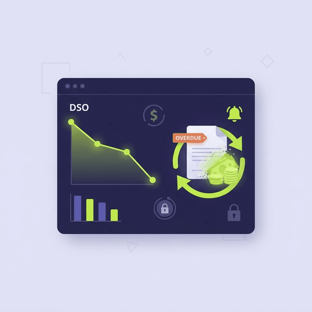 Finance dashboard showing overdue invoices, lower days sales outstanding, and automated payment reminders converting accounts receivable into cash.