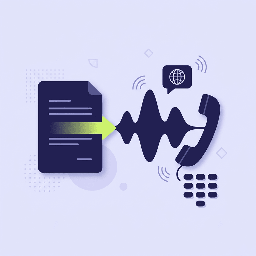 Illustration of a written script converting through an audio waveform into a telephone and IVR keypad, representing AI text-to-speech for phone greetings.