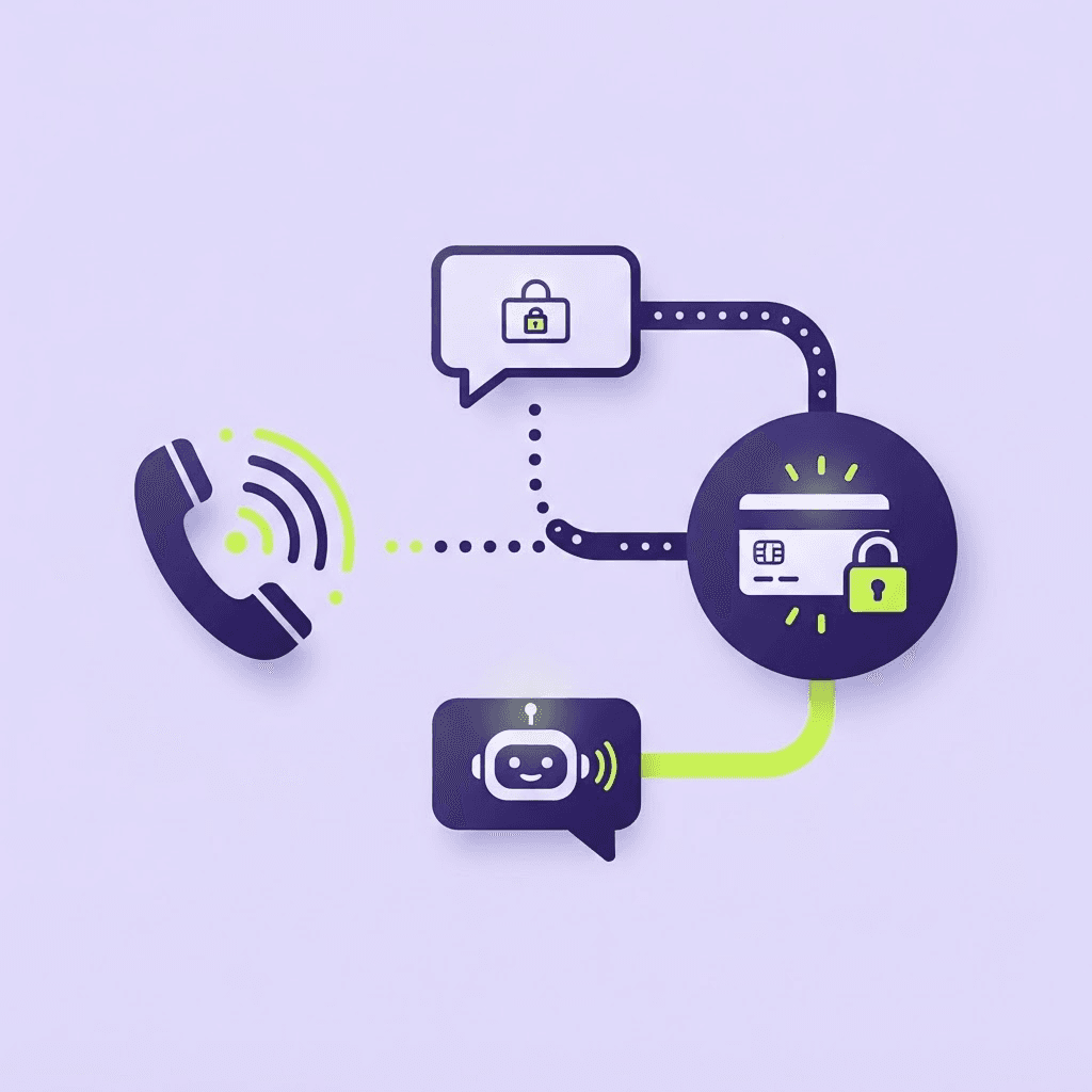 Illustration of three automated payment channels — an IVR phone handset, a pay-by-text message, and a chatbot bubble — converging on a secure payment card with a padlock.