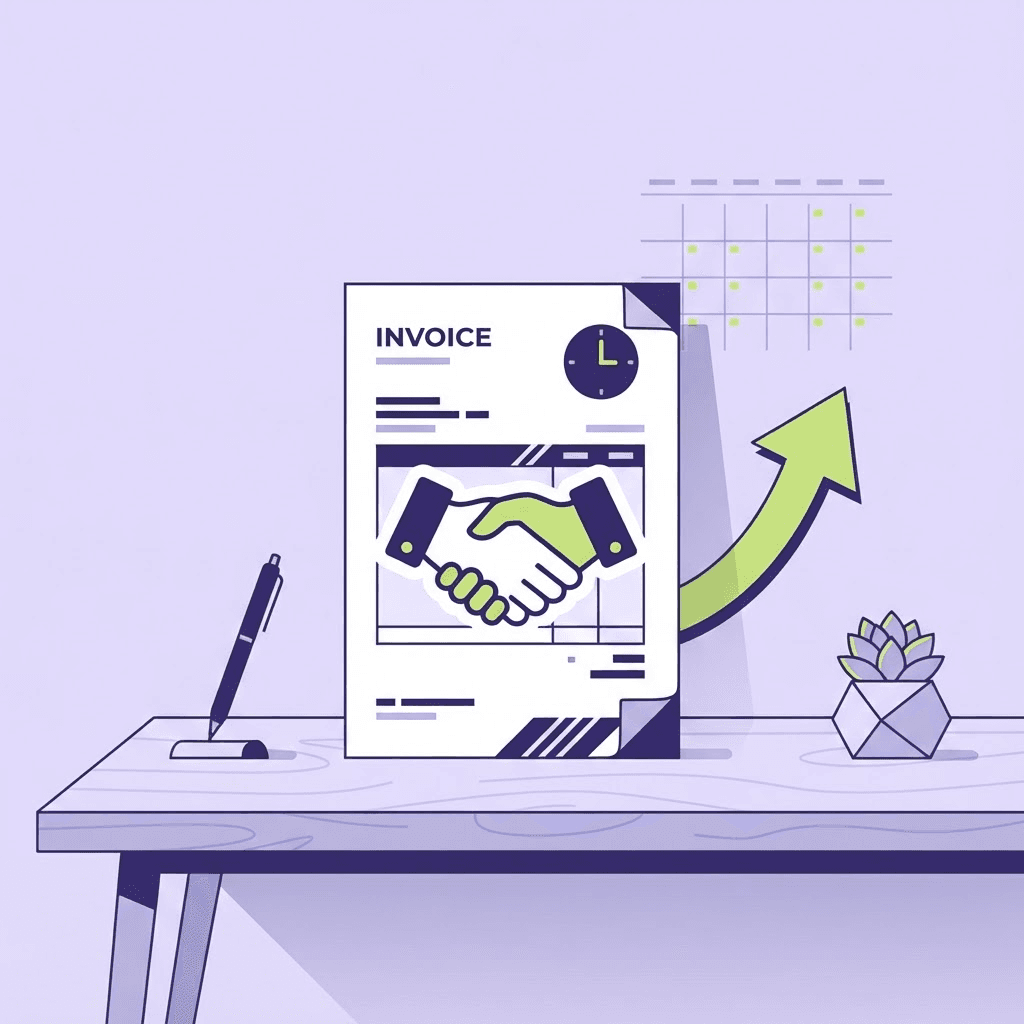 Illustration of an invoice, a clock, and a handshake representing timely, relationship-friendly collections.
