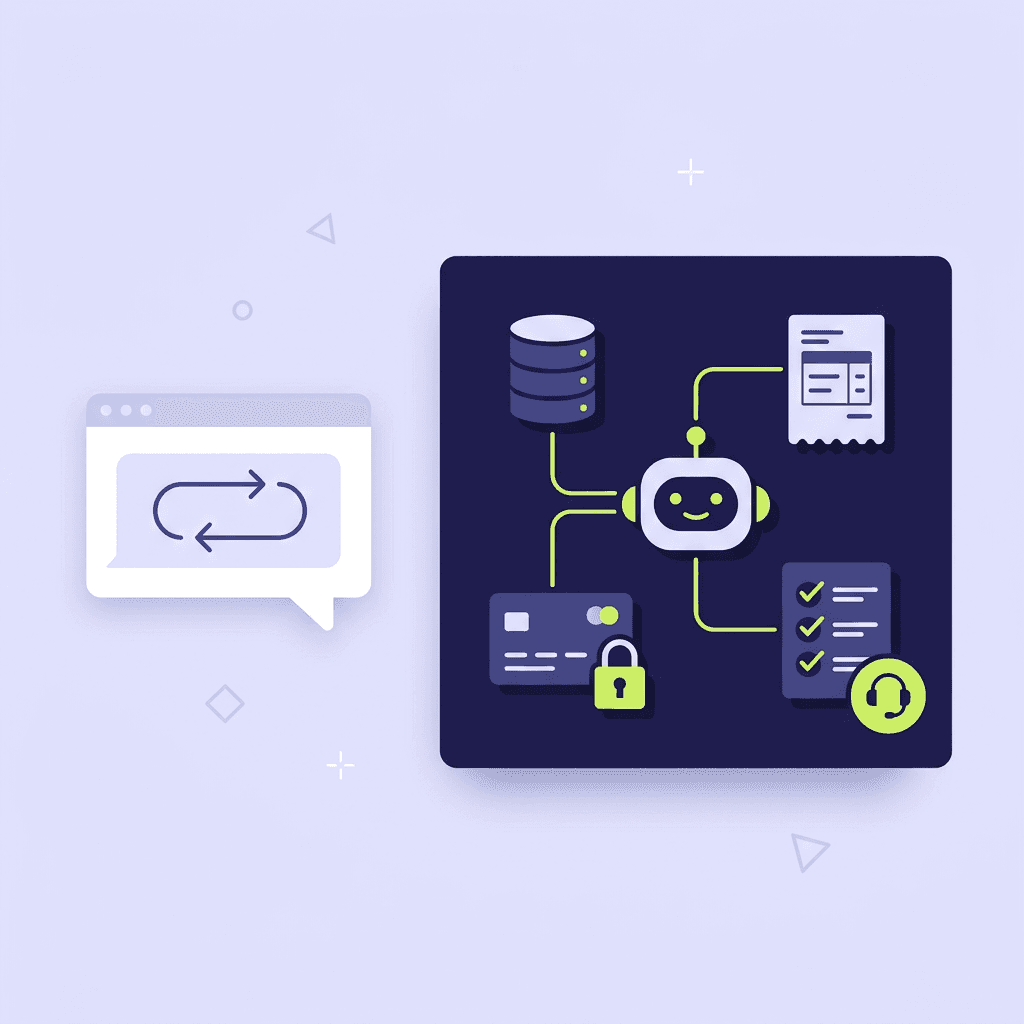 A scripted chatbot stuck in a loop beside a data-driven AI agent connected to account data, billing records, secure payments, completed tasks, and a live-agent handoff.