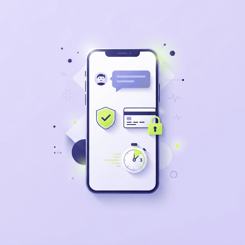 Illustration of a smartphone chatbot conversation with an identity-verification shield and a secure payment card, representing patient validation and payment in under three minutes.