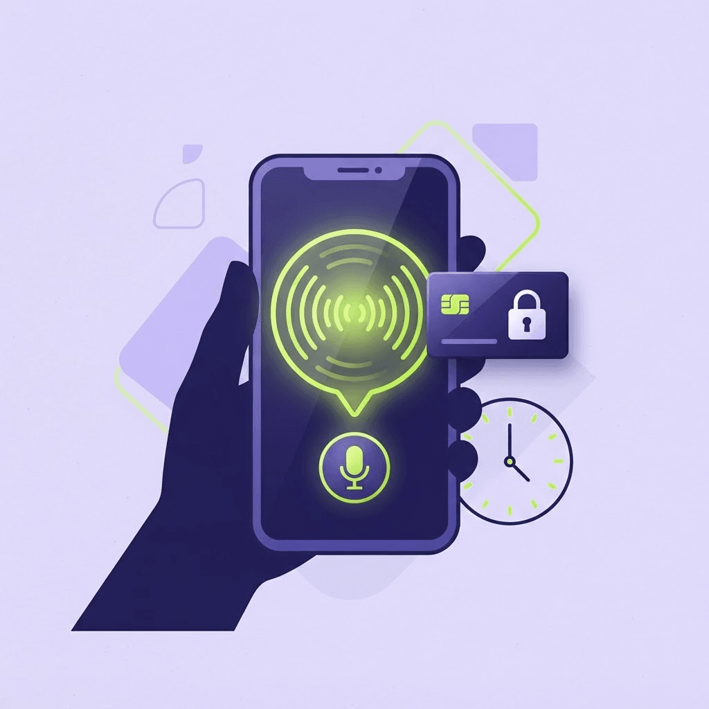 Illustration of a smartphone with an AI voice-agent soundwave, a secure payment card icon, and a 24/7 clock, representing automated IVR payment processing.
