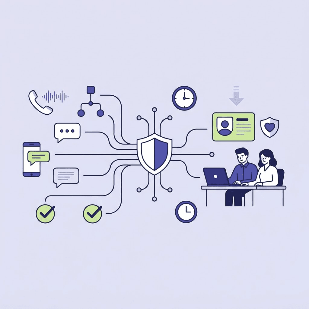Intelligent routing hub sending routine IVR, chatbot, voice, and text interactions to automation while two human specialists focus on a single complex escalated customer case.