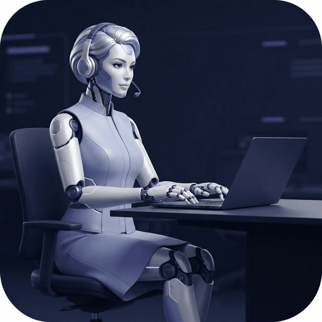 Female humanoid ACM digital agent seated in an office chair using a MacBook